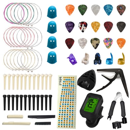 Kit Accessoire Guitare Acoustique, TTCR-II 75 Pièces avec Capodastre, 15 Mediator Guitare,3 set Cordes, Accordeur, Mediator Pouce, Enrouleur de Cordes, Guitaren Bridge etc
