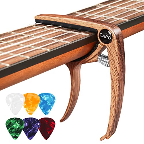 Capodastre Guitare Acoustique Capo Guitar avec 6 Médiators, Capot Guitare Pour Electrique Folk Classique Ukulele Capot Guitar Alliage Couleur Bois