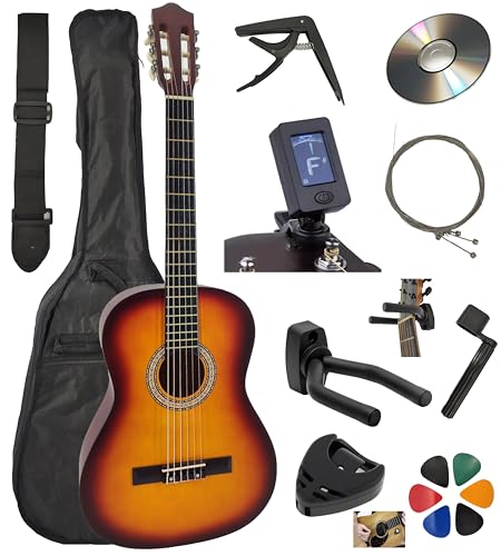 AMBRE Pack Guitare Classique 4/4 (Adulte) + 10 Accessoires (Housse, Support Mural, Accordeur, Sangle, Capodastre, Cordes, 6 Médiators, Boîte, Manivelle) + Cours Vidéo & CD (Sunburst, 4/4, Droit)