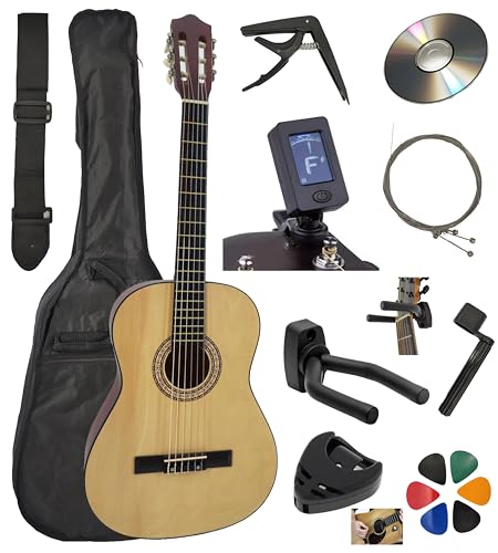 AMROVA Pack Guitare Classique 4/4 (Adulte) 10 Accessoires Cour Vidéo et CD (Naturel, 4/4, Droit)