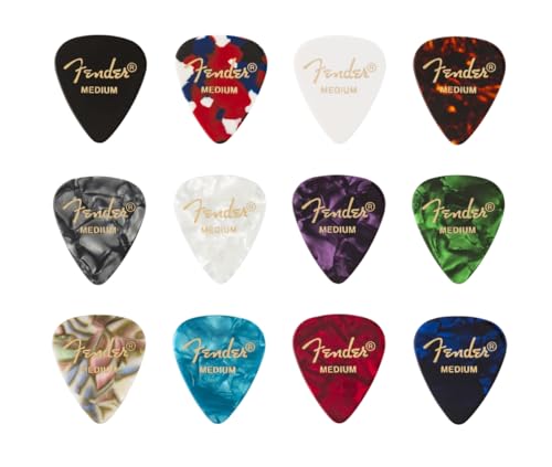 Fender 351 Shape, Mediators en Celluloïd Medley, Paquet de 12, Moyen, Idéal pour les Guitaristes de Tous Niveaux, Accessoire Parfait pour les Joueurs aux Styles et Techniques Polyvalents
