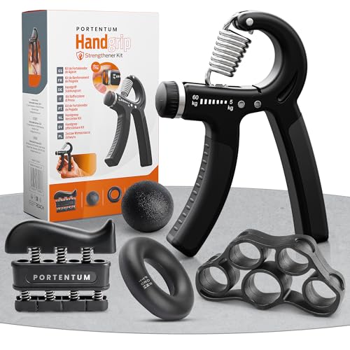 PORTENTUM Hand Grip pour avant-bras – Pack de 5 pièces, renforceur de prise réglable, entraîneur de main, écarteur de doigts, anneau et balle anti-stress, Noir