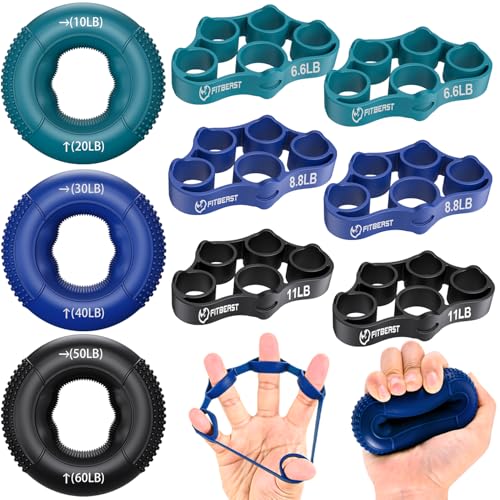 FitBeast Entraîneur de Préhension, Exerciceur de Doigts, Renforceur de l'Avant-bras Kit - 9 Pack, Renforçateur de Poigne des Mains pour Force Ciblée, Soulagement & Récupération, Bleu Foncé