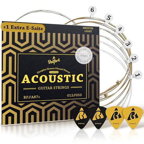 BELFORT Jeu de 6 cordes de guitare acoustiques revêtues de qualité supérieure pour guitare folk – 3 x durables et inoxydables | Cordes de guitare acoustique en bronze phosphoreux (lot de 6) avec corde